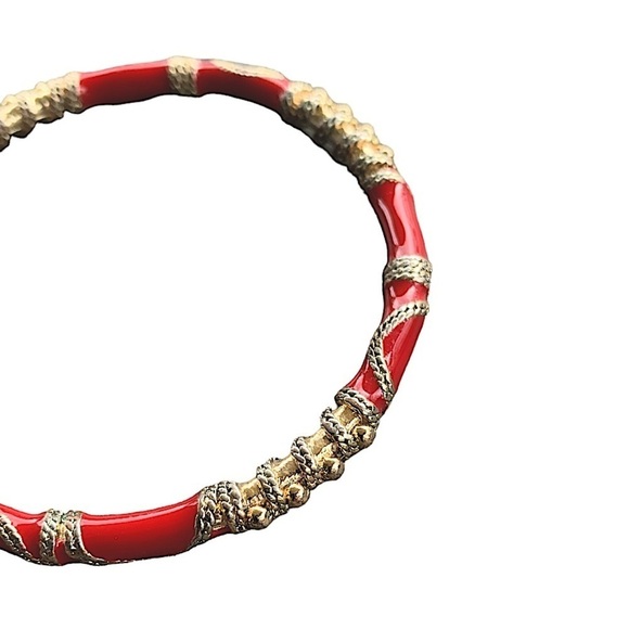 Red Enamel and Gold Bangle Bracelet 8" - Picture 3 of 4